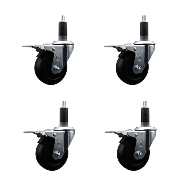 3.5'' Hard Rubber Swivel 1-1/8'' Expanding Stem Caster Set Total Lock Brake, 4PK